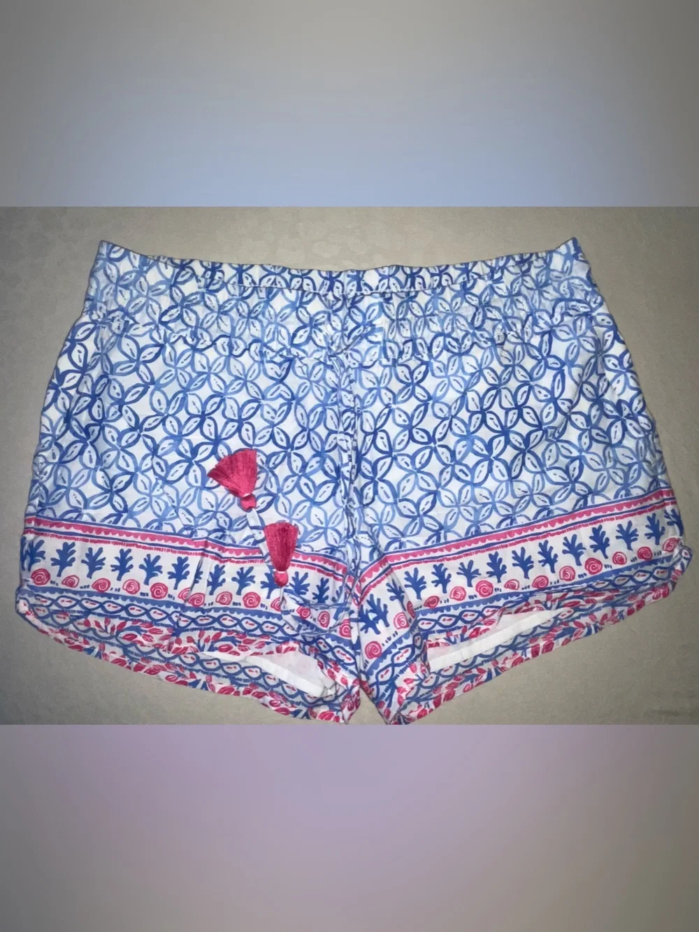 Vineyard Vines Blue Printed High Waist Shorts with Pink Tassels